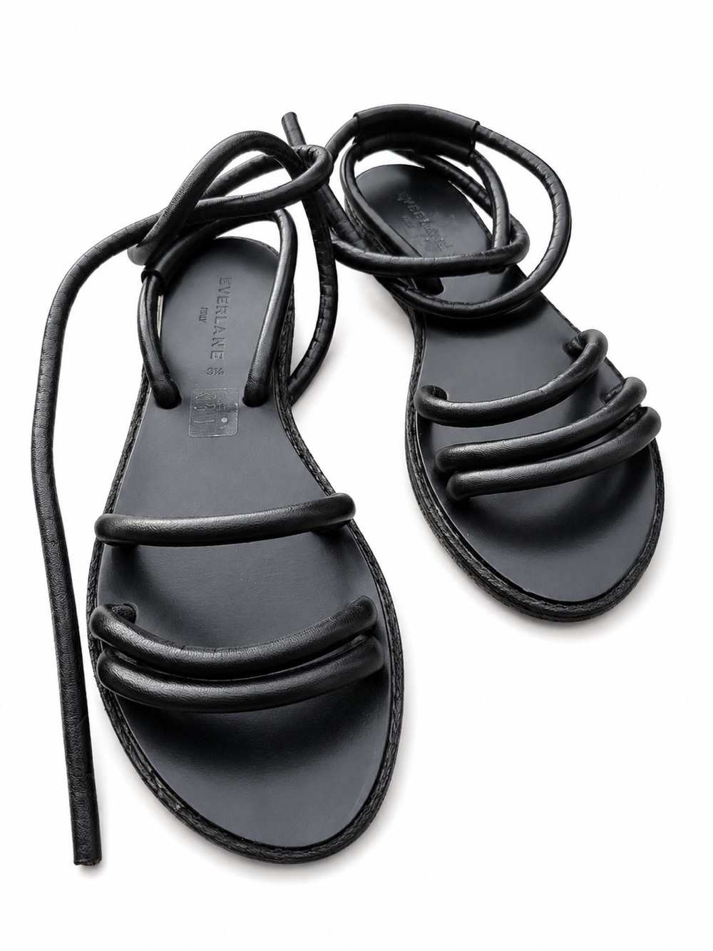 Everlane The Knot Black Leather Sandals Size 8.5 black ankle wrap flat boho